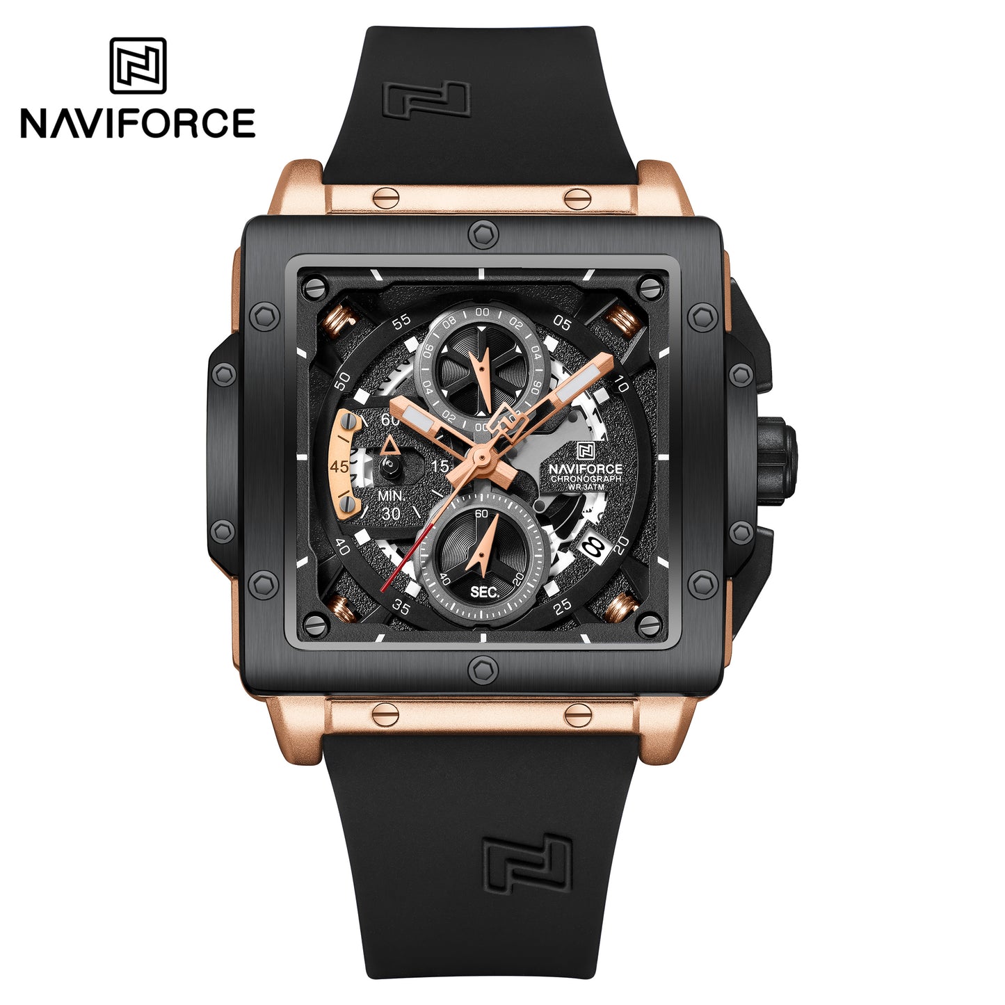 Naviforce 8064 Square Chrono Men Watch - Black RoseGold