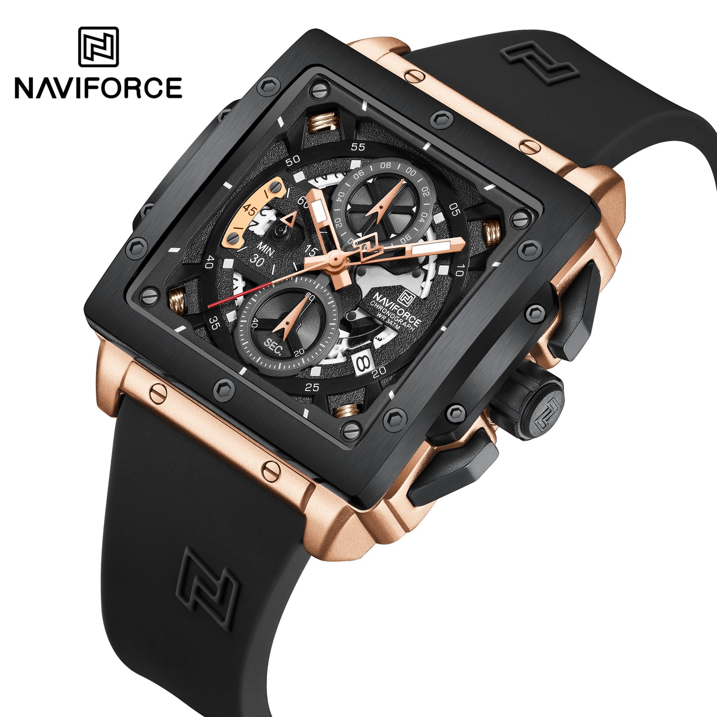 Naviforce 8064 Square Chrono Men Watch - Black RoseGold