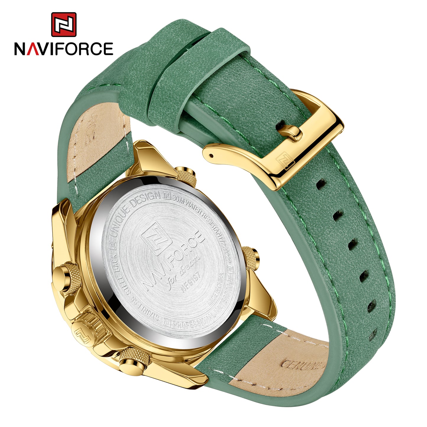 Naviforce 9197 Electron Men Leather Watch - Gold Green