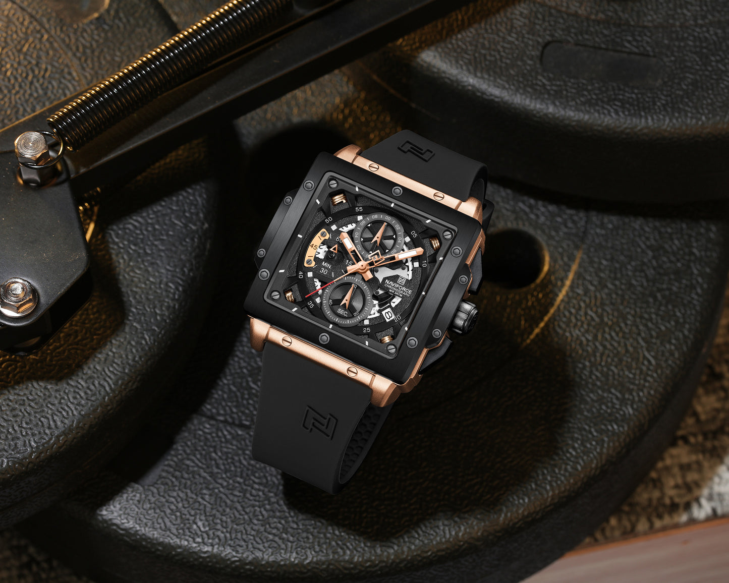 Naviforce 8064 Square Chrono Men Watch - Black RoseGold