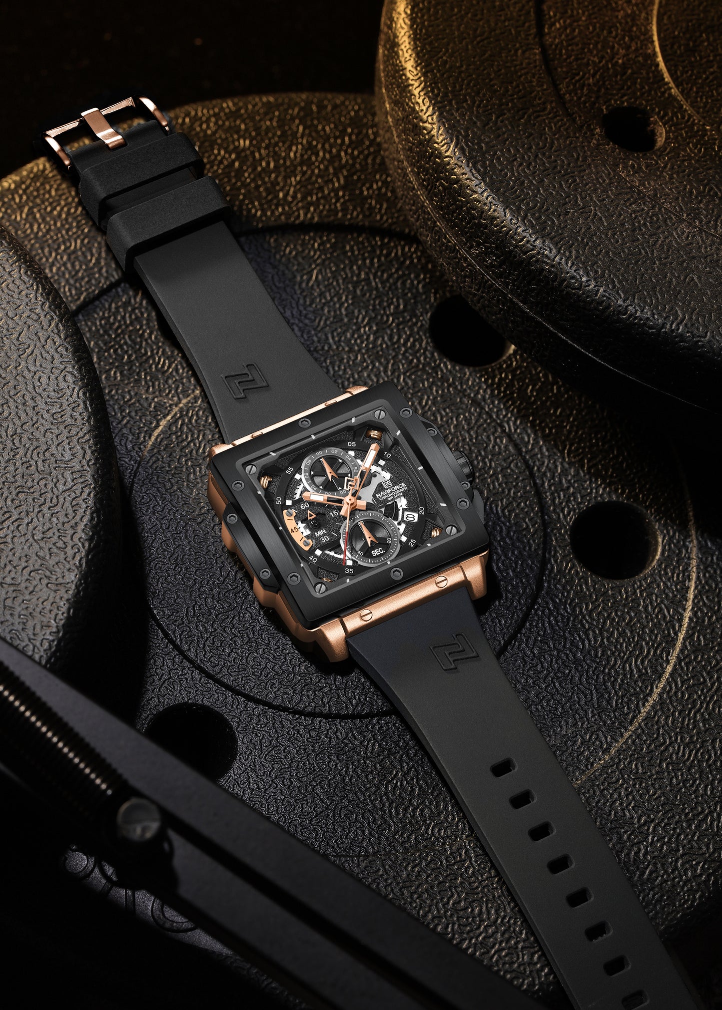 Naviforce 8064 Square Chrono Men Watch - Black RoseGold