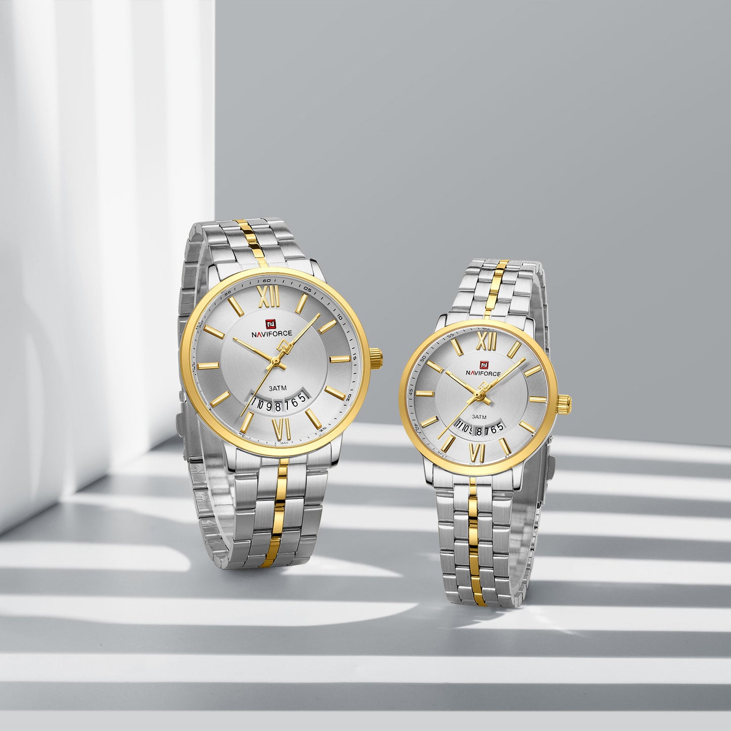 Naviforce 9238 Unico Quartz Couple Watch - Silver Gold