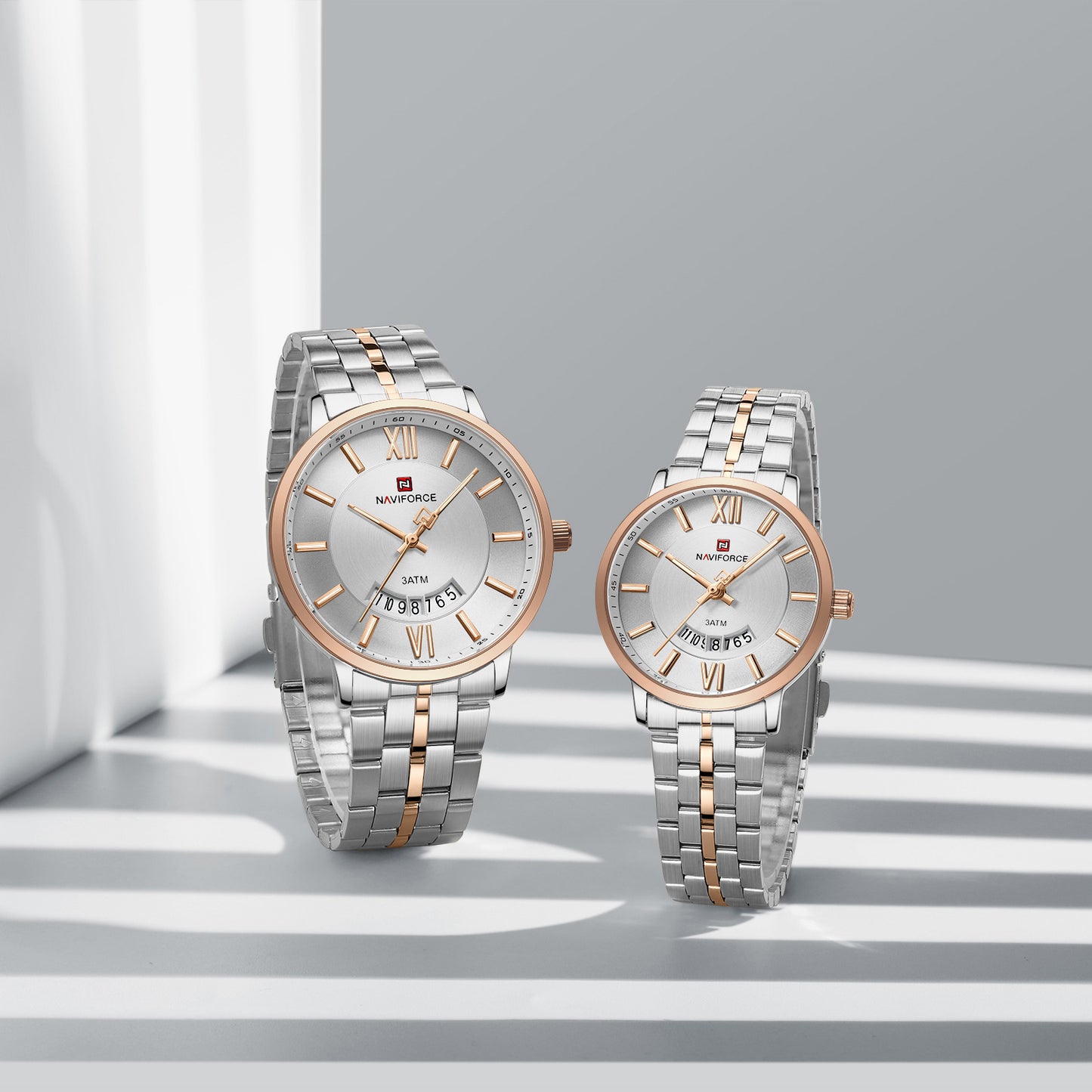 Naviforce 9238 Unico Quartz Couple Watch - Silver Rosegold