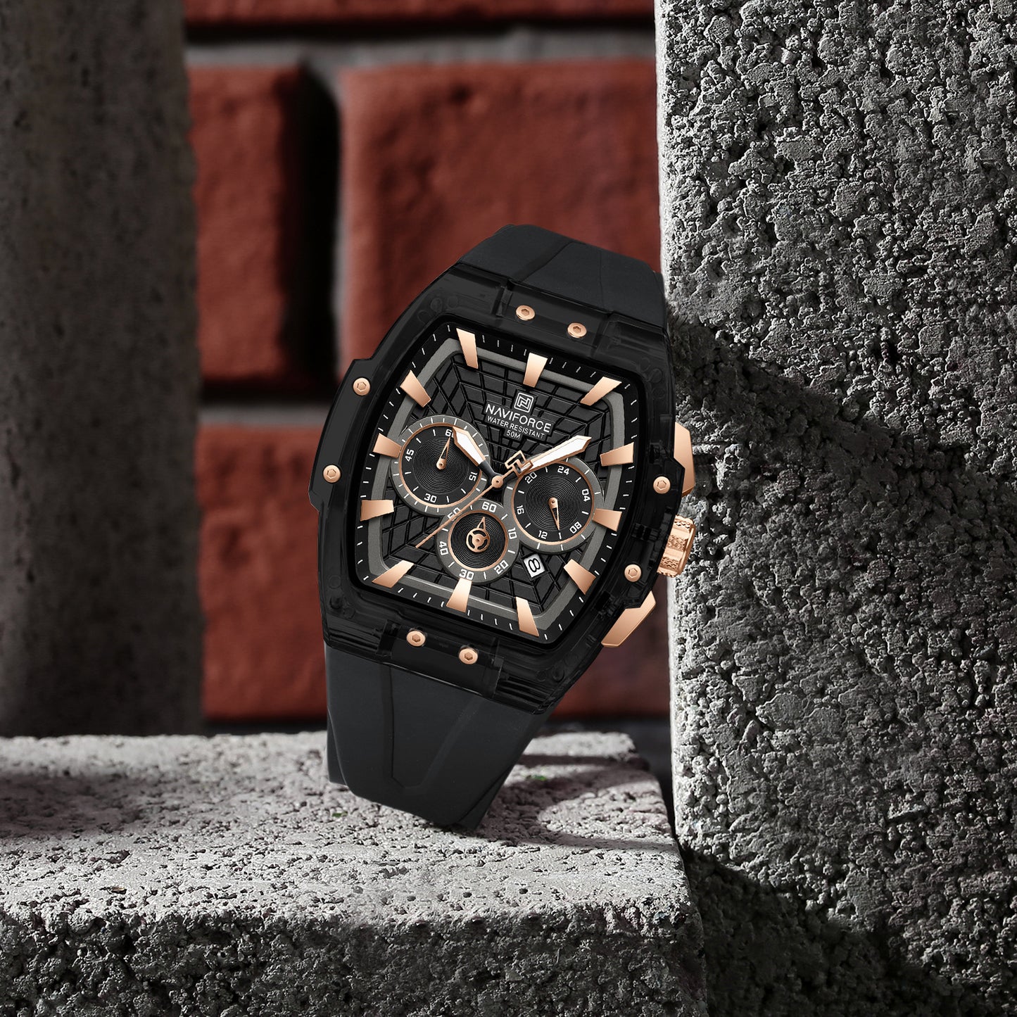 Naviforce 6113 Kwada Chrono Silicone Watch - Black RoseGold
