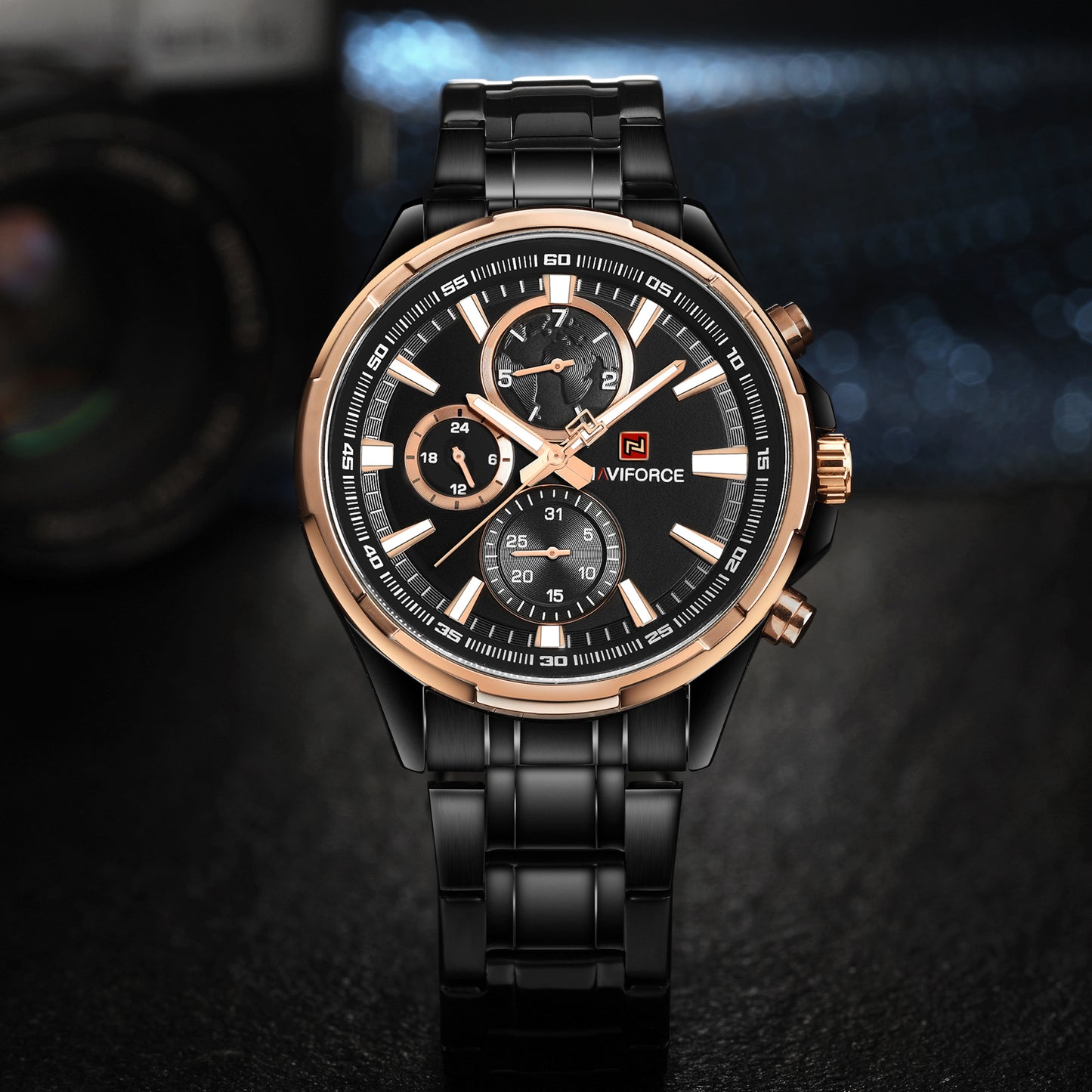 Naviforce 9089s Tourbillion Business Men Watch - Black RoseGold