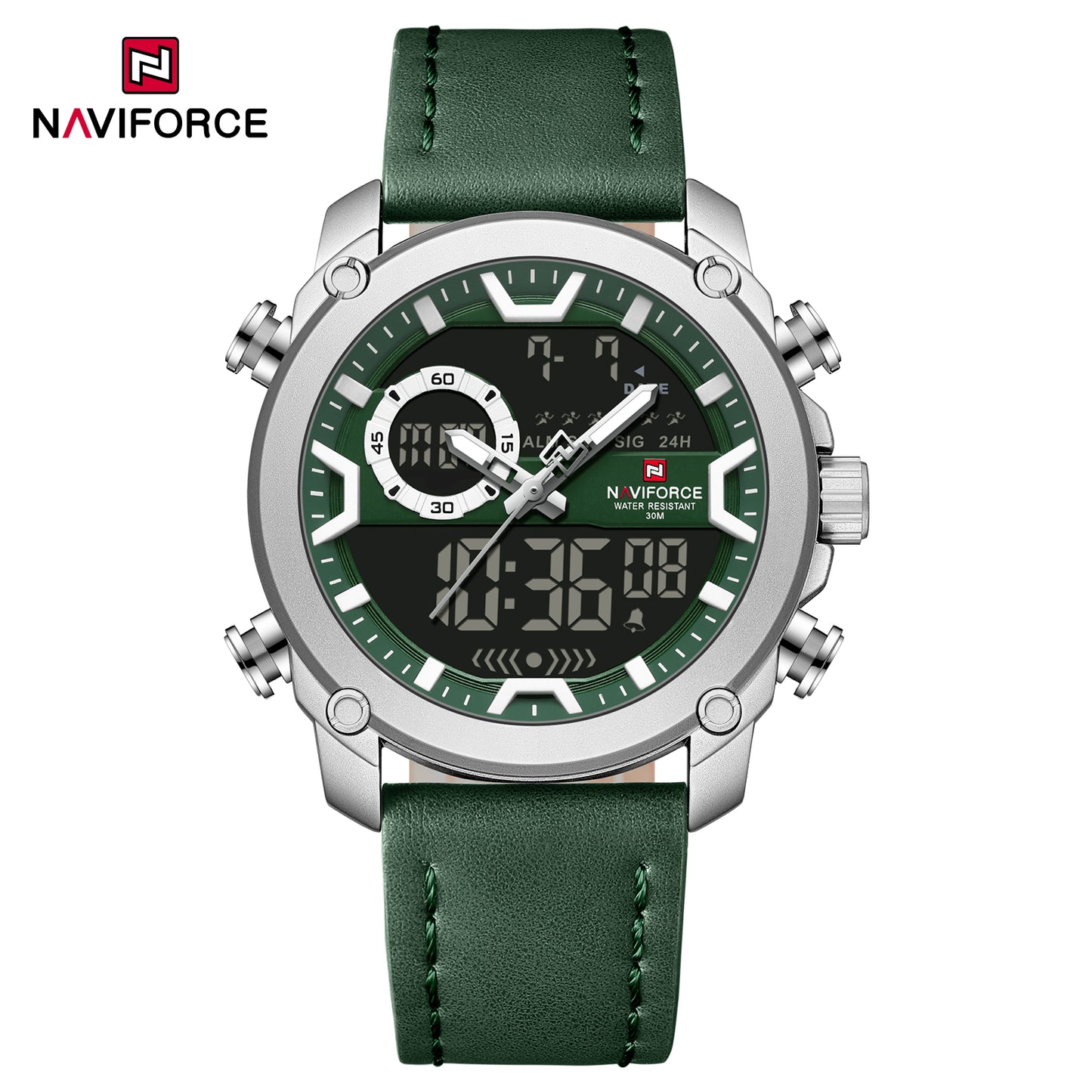 Naviforce 9261 Urban Men Leather Watch - Silver Green