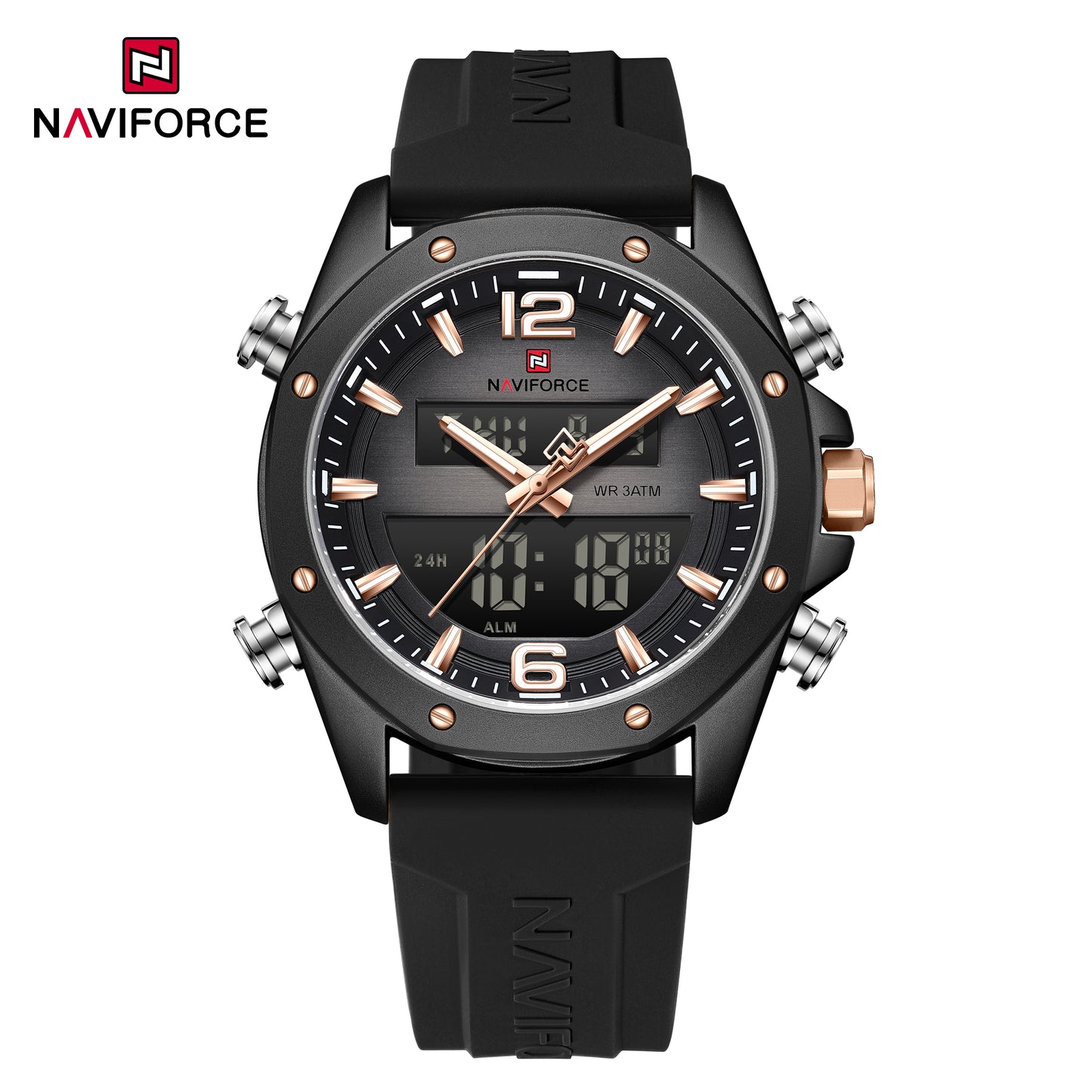 Naviforce 9264 Sentinel Men Silicone Watch - Black RoseGold