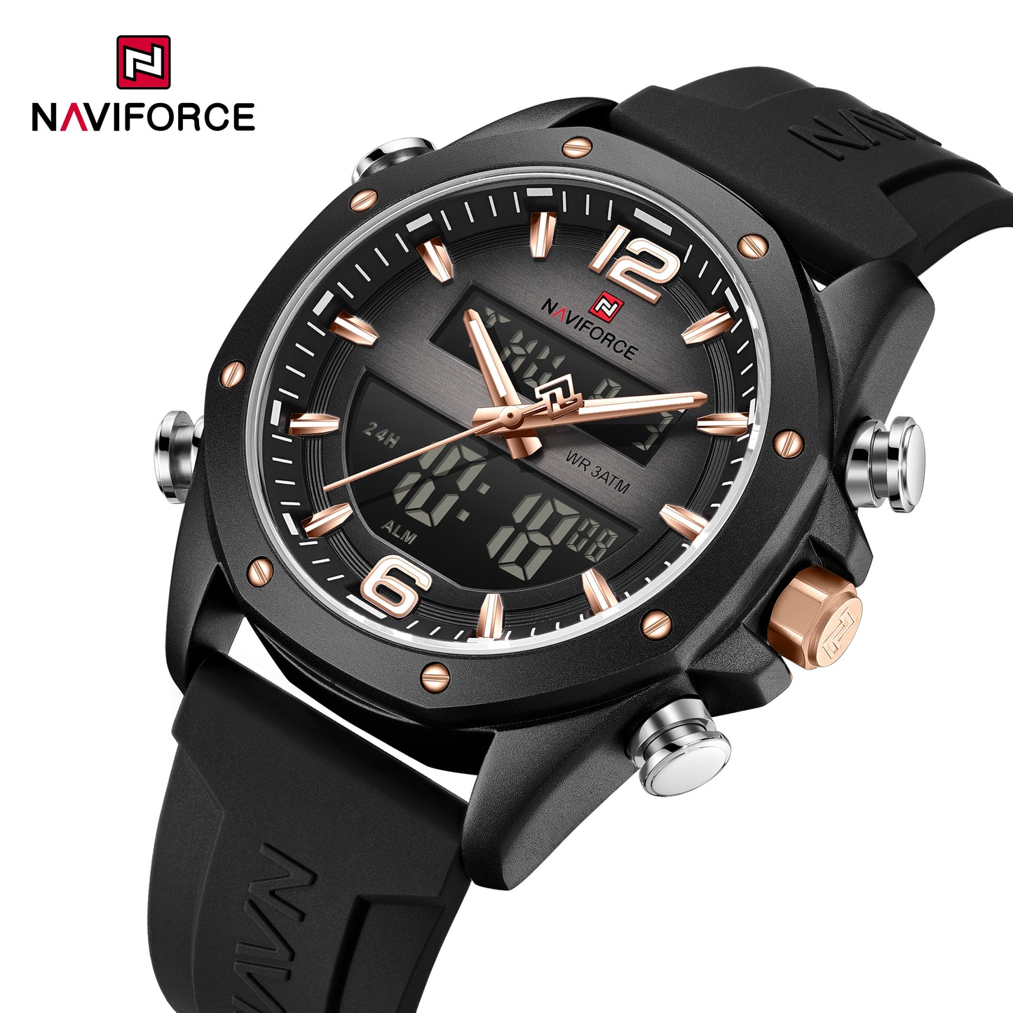 Naviforce 9264 Sentinel Men Silicone Watch - Black RoseGold