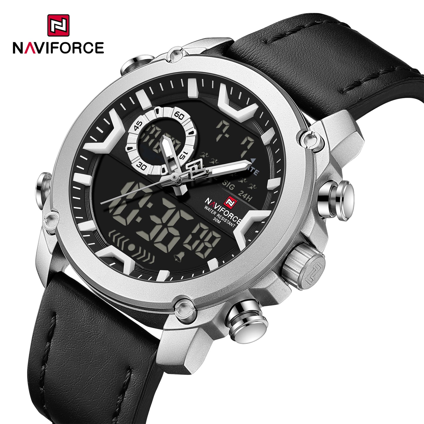 Naviforce 9261 Urban Men Leather Watch - Silver Black