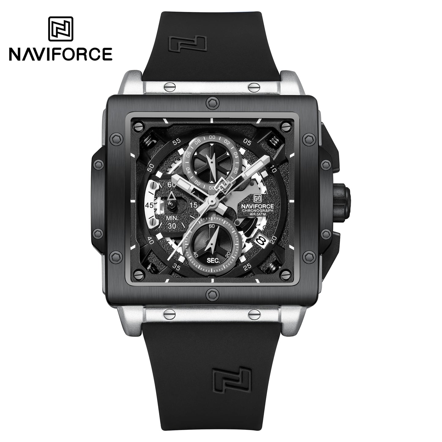 Naviforce 8064 Square Chrono Men Watch - Silver Black