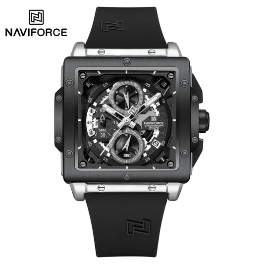 Naviforce 8064 Square Chrono Men Watch - Silver Black