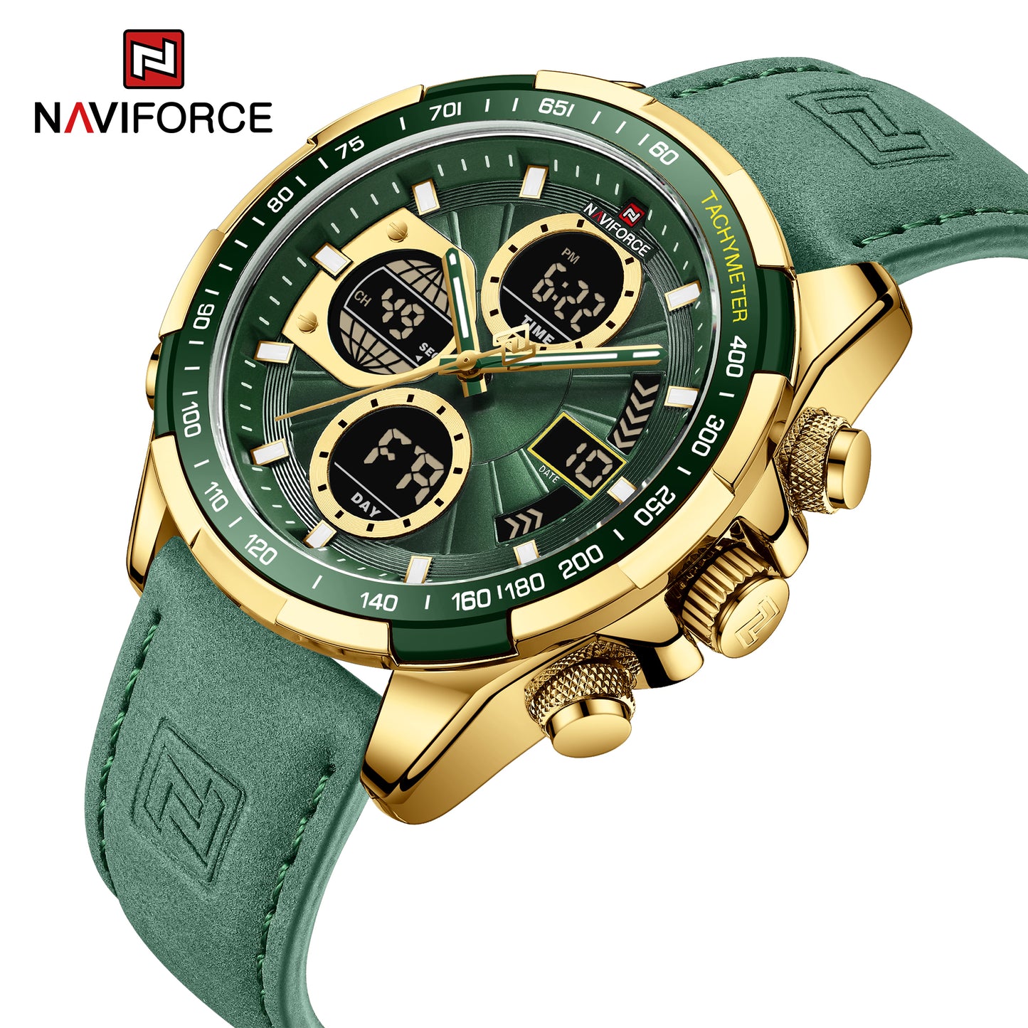Naviforce 9197 Electron Men Leather Watch - Gold Green