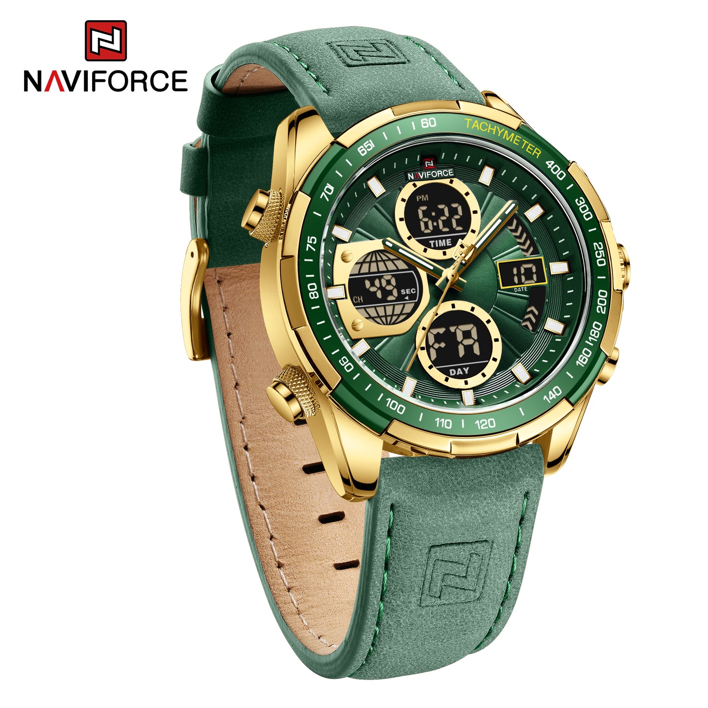 Naviforce 9197 Electron Men Leather Watch - Gold Green