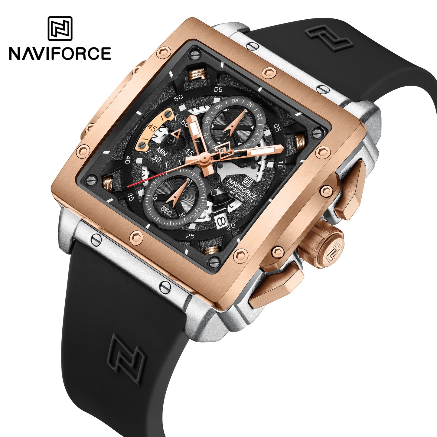 Naviforce 8064 Square Chrono Men Watch - Silver Black RoseGold