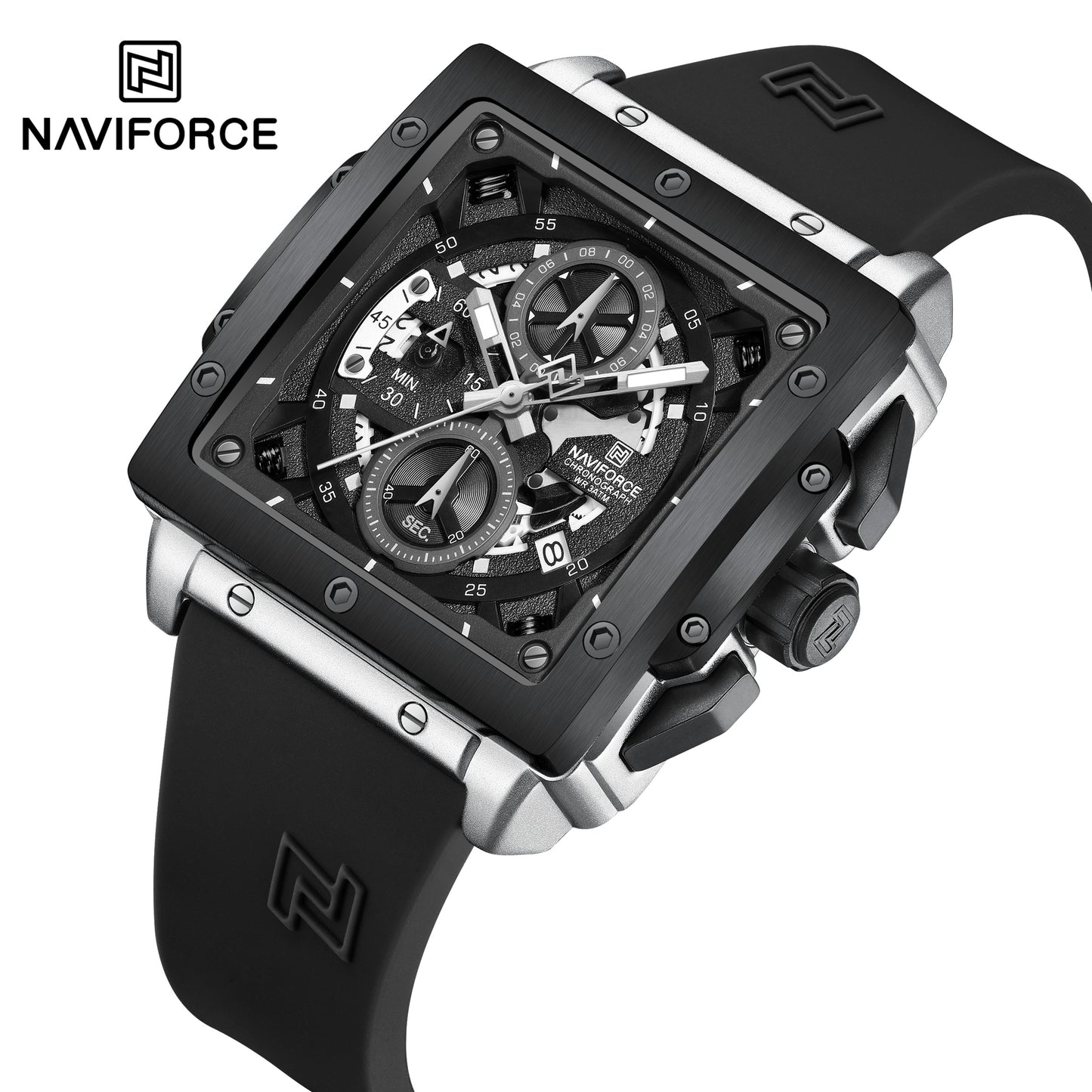 Naviforce 8064 Square Chrono Men Watch - Silver Black