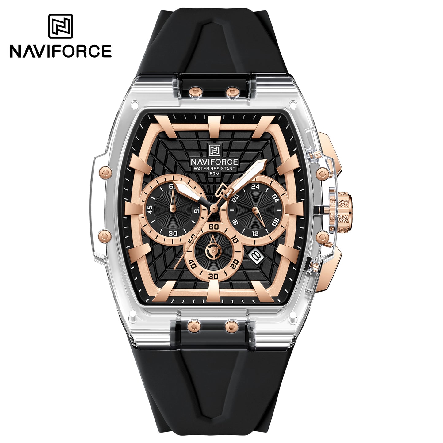 Naviforce 6113 Kwada Chrono Silicone Watch - Black RoseGold-Silver
