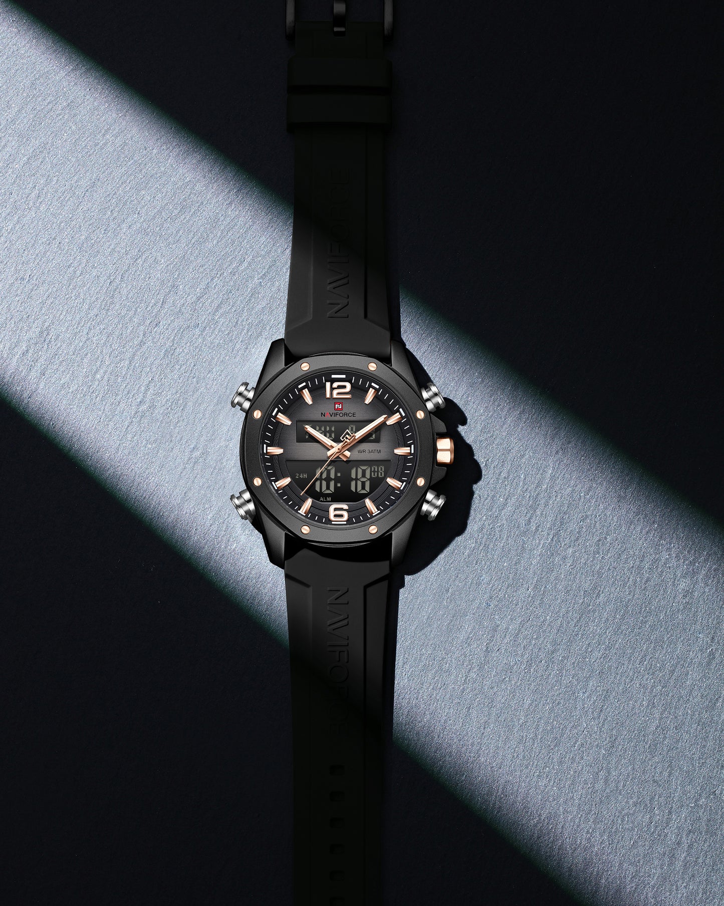 Naviforce 9264 Sentinel Men Silicone Watch - Black RoseGold