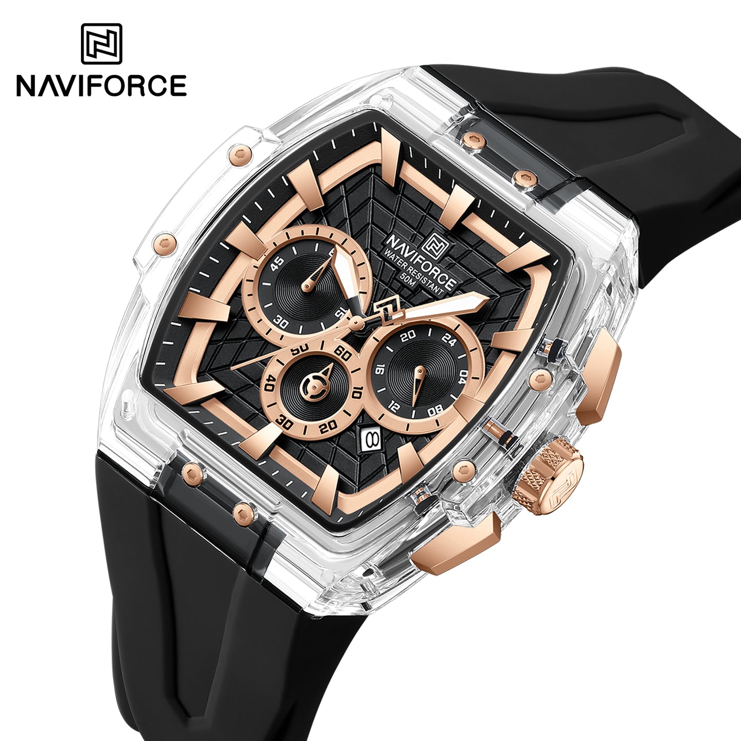 Naviforce 6113 Kwada Chrono Silicone Watch - Black RoseGold-Silver