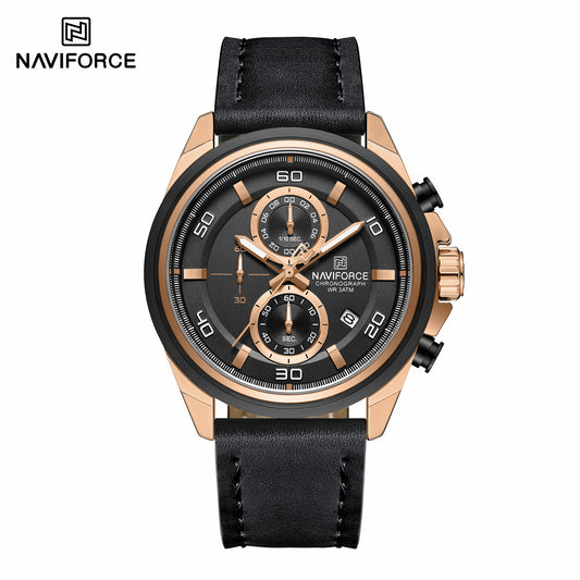 Naviforce 8075 Zach Men Leather Watch - Black RoseGold