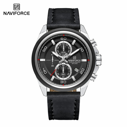 Naviforce 8075 Zach Men Leather Watch - Silver Black