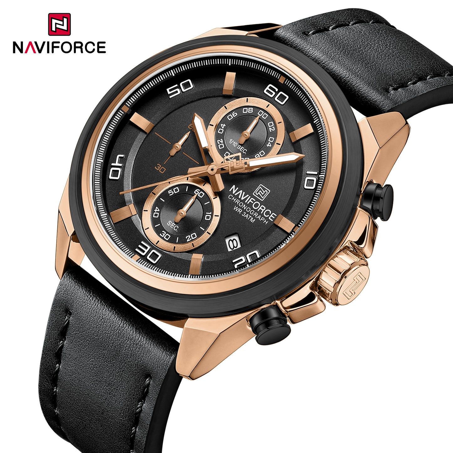 Naviforce 8075 Zach Men Leather Watch - Black RoseGold