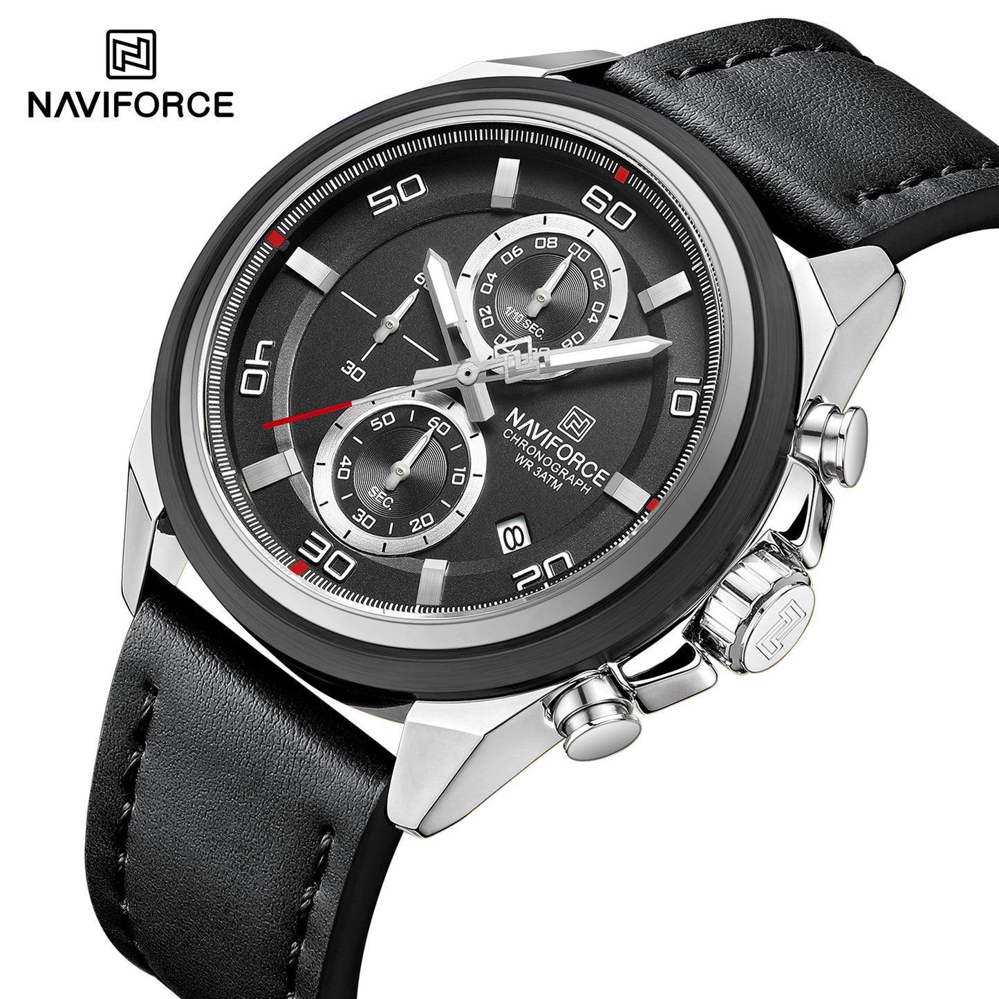 Naviforce 8075 Zach Men Leather Watch - Silver Black