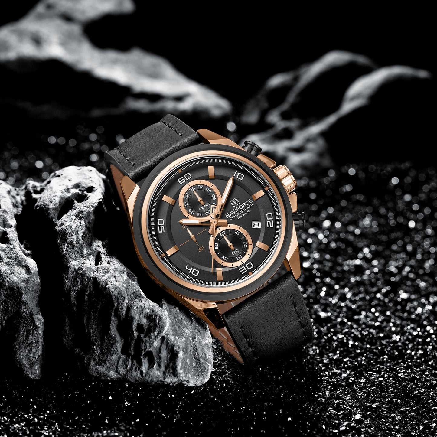 Naviforce 8075 Zach Men Leather Watch - Black RoseGold