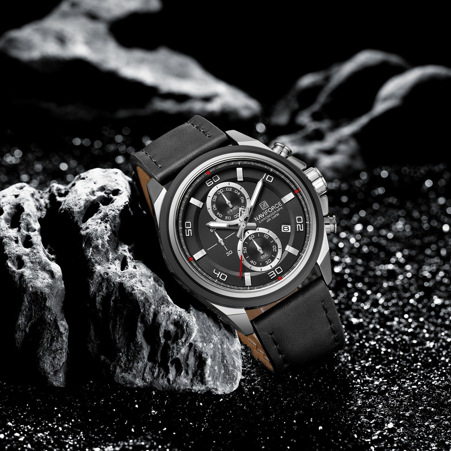 Naviforce 8075 Zach Men Leather Watch - Silver Black