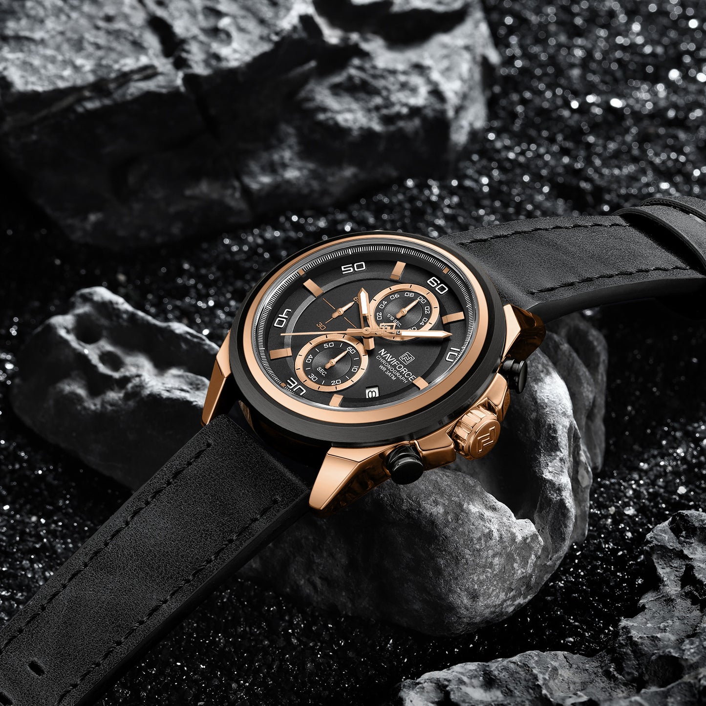 Naviforce 8075 Zach Men Leather Watch - Black RoseGold