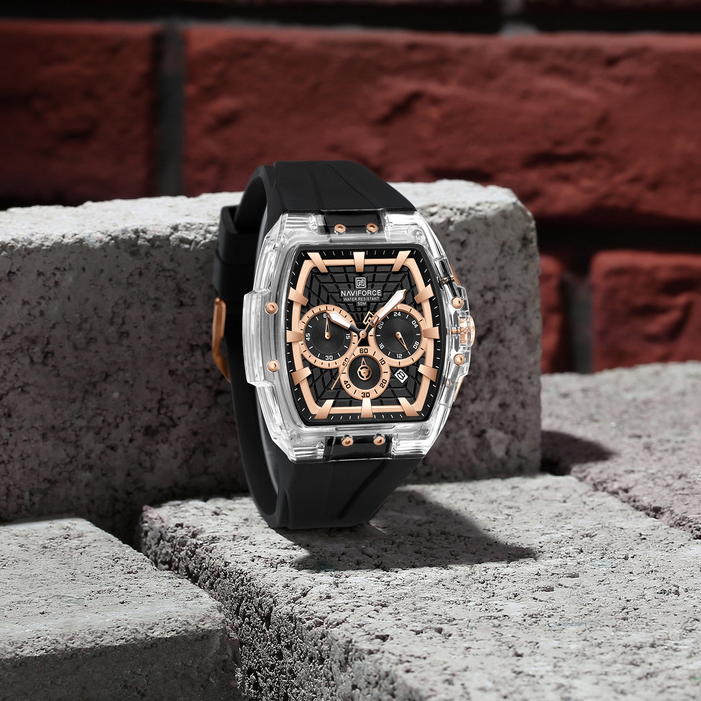 Naviforce 6113 Kwada Chrono Silicone Watch - Black RoseGold-Silver