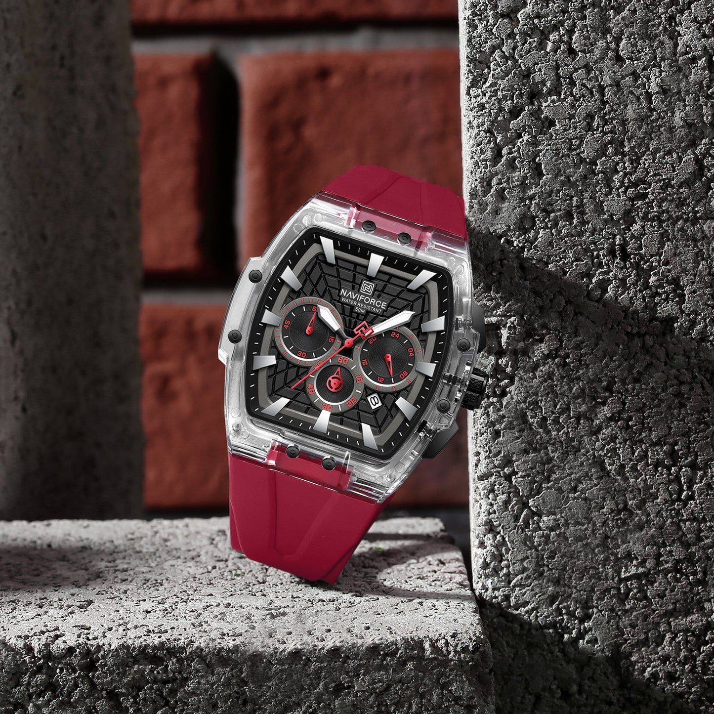 Naviforce 6113 Kwada Chrono Silicone Watch - Black Red