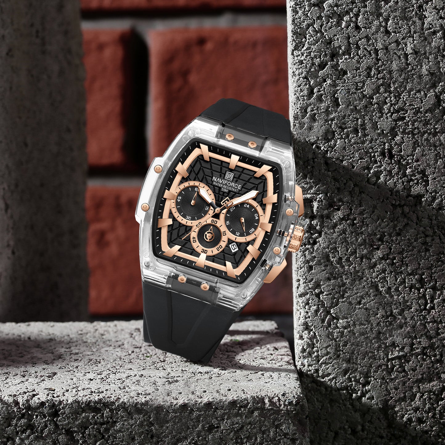 Naviforce 6113 Kwada Chrono Silicone Watch - Black RoseGold-Silver