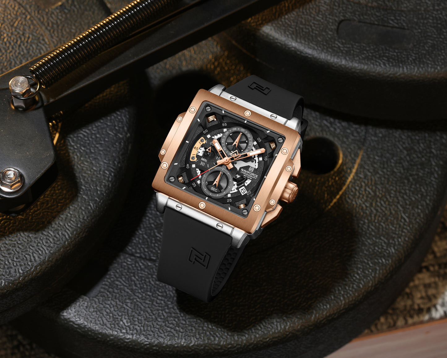 Naviforce 8064 Square Chrono Men Watch - Silver Black RoseGold