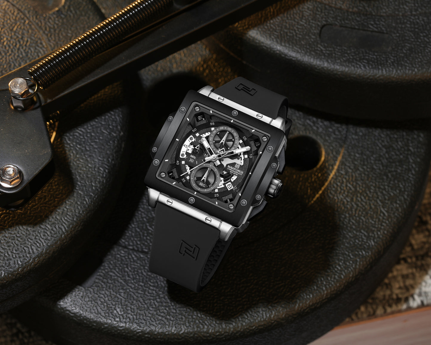 Naviforce 8064 Square Chrono Men Watch - Silver Black