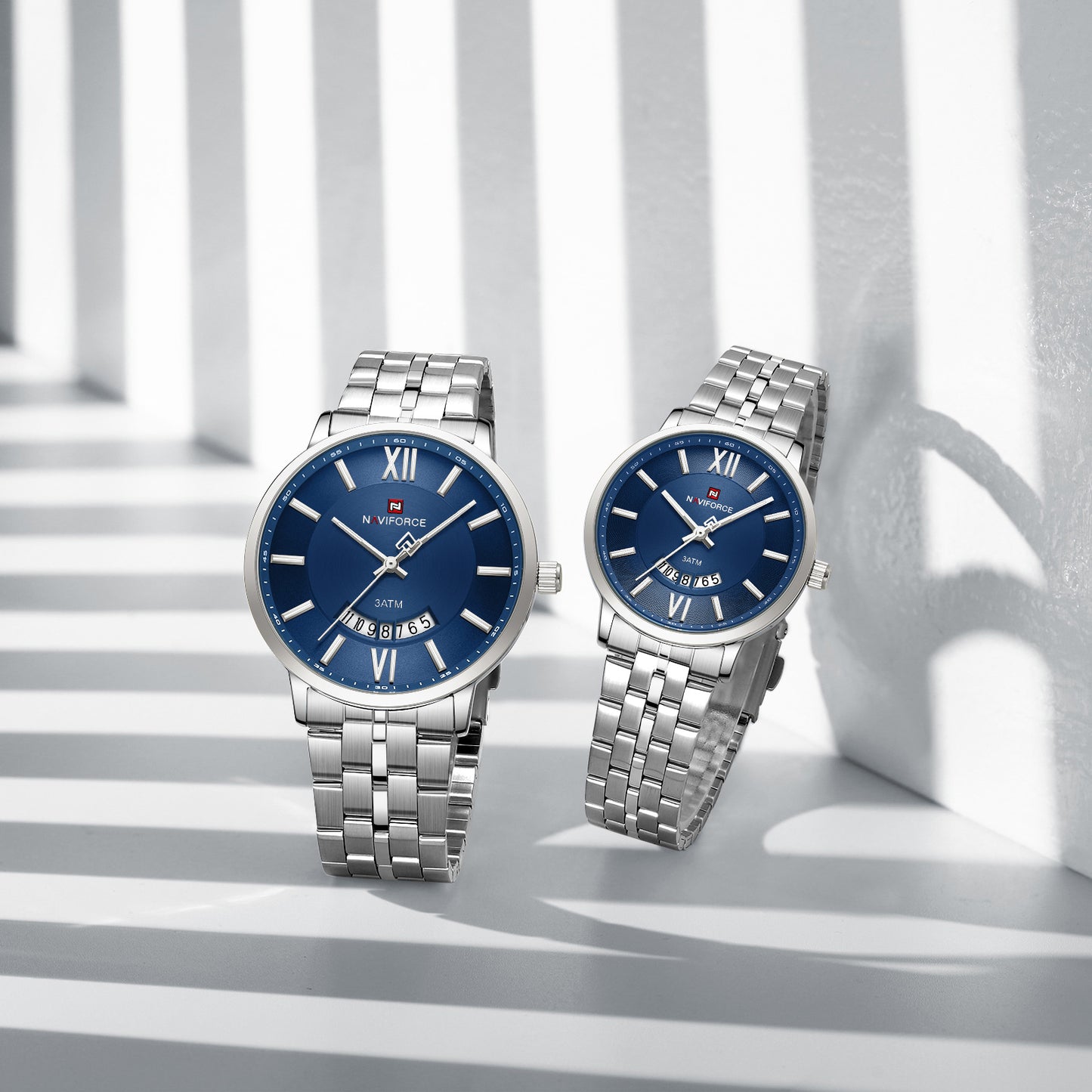 Naviforce 9238 Unico Quartz Couple Watch - Silver Blue