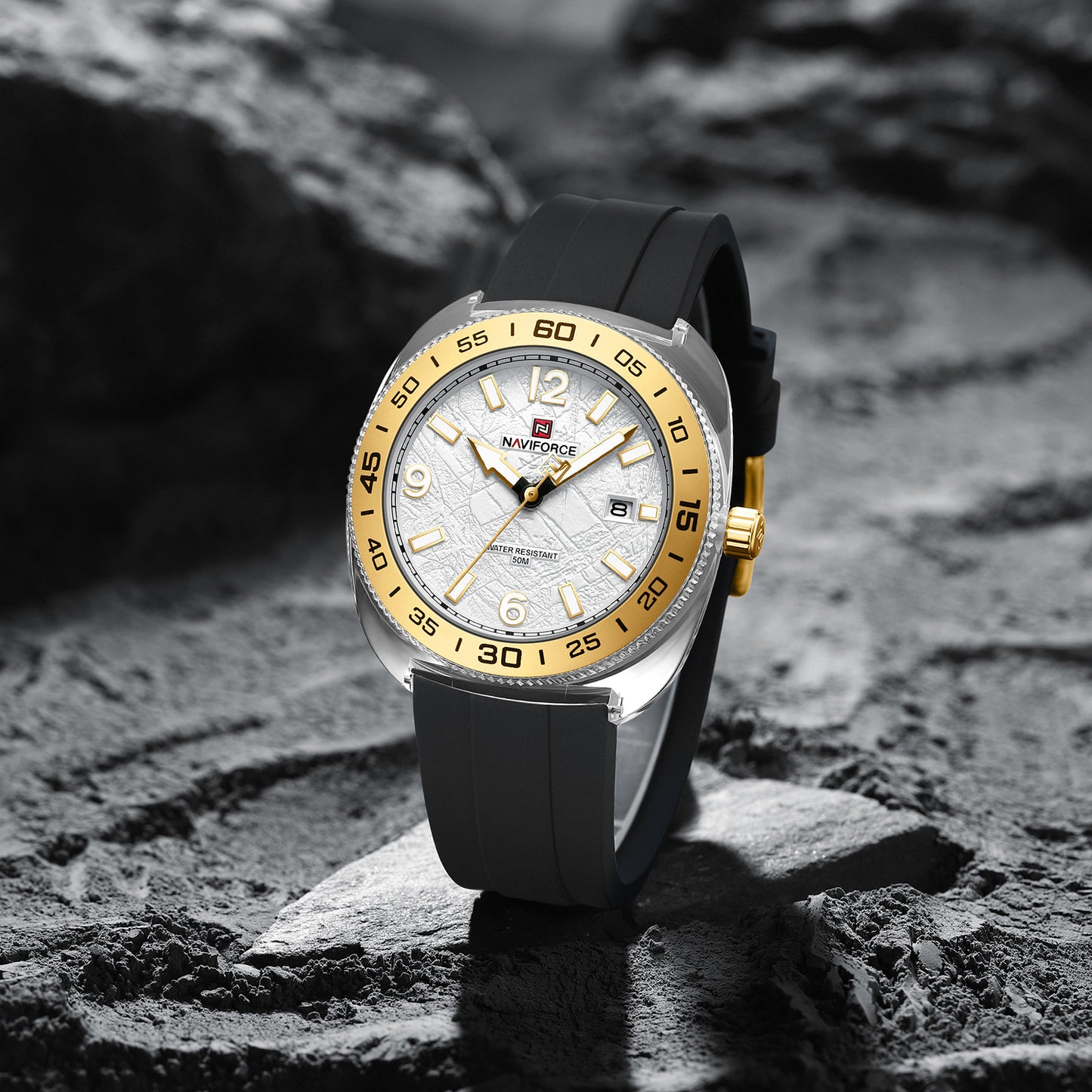Naviforce 7130 Foxfire Unisex Silicone Watch - Black Gold-White