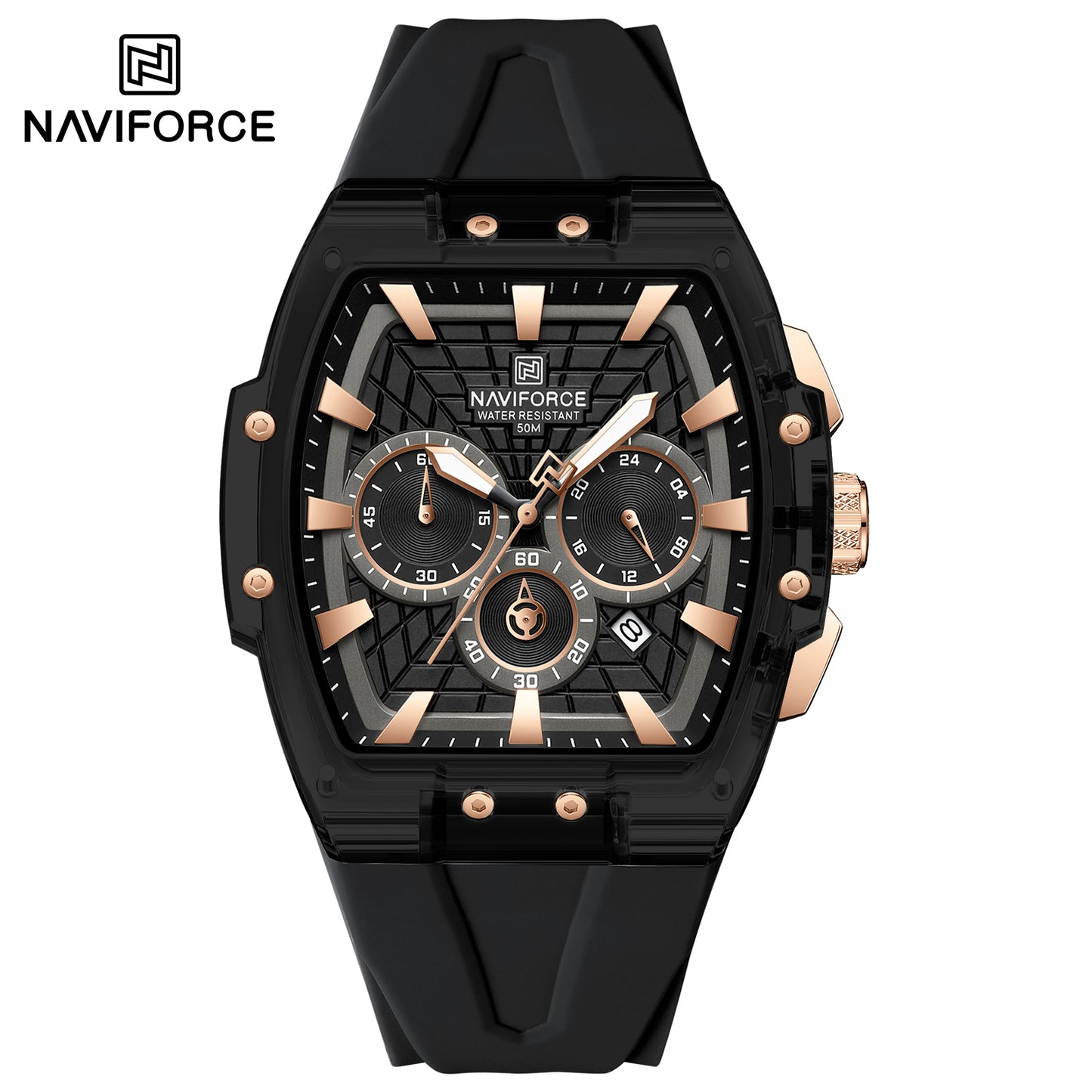 Naviforce 6113 Kwada Chrono Silicone Watch - Black RoseGold