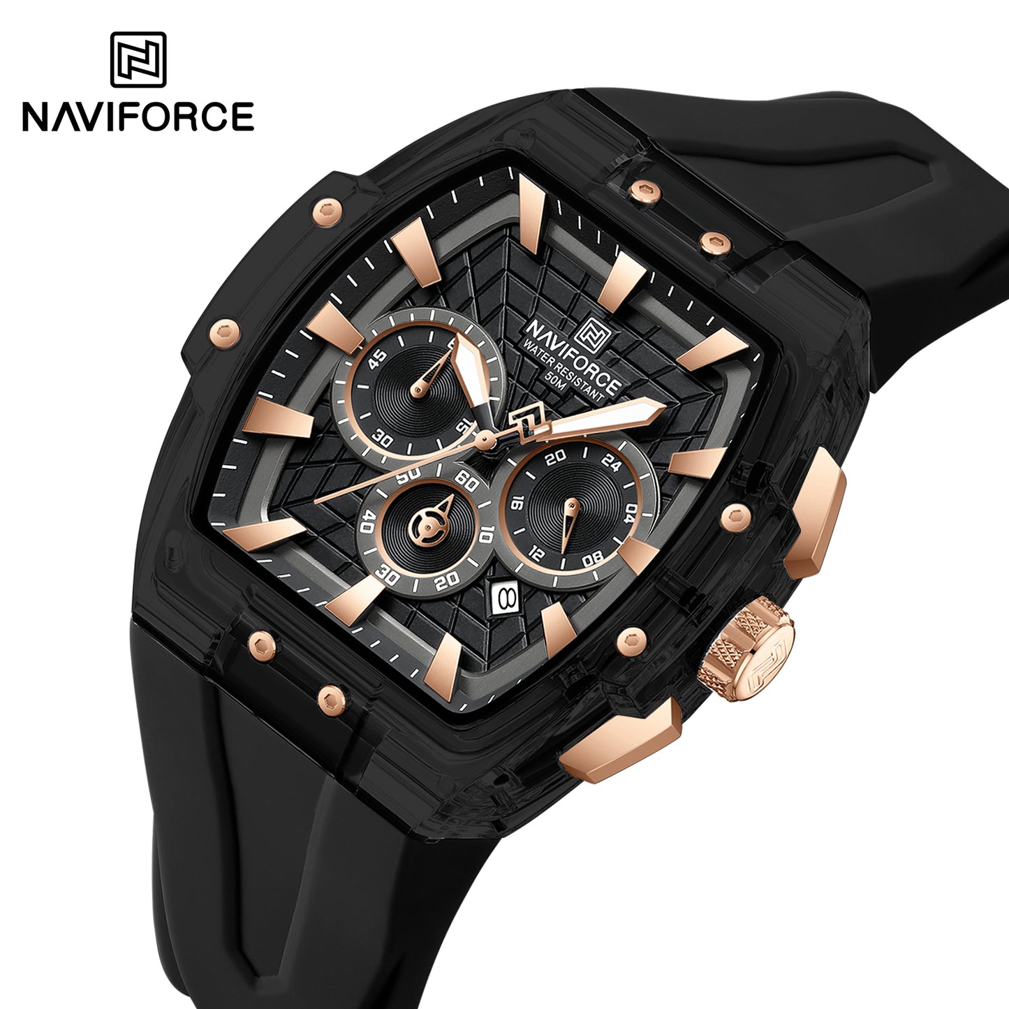 Naviforce 6113 Kwada Chrono Silicone Watch - Black RoseGold