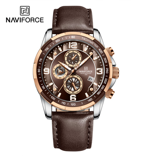 Naviforce 8020 Leather Quartz Chronograph Watch - Coffee-Brown