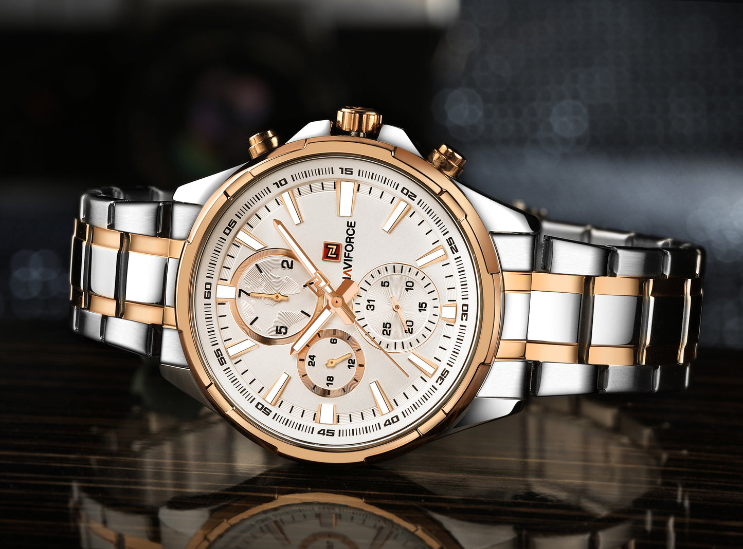Naviforce 9089s Tourbillion Business Men Watch - Silver RoseGold