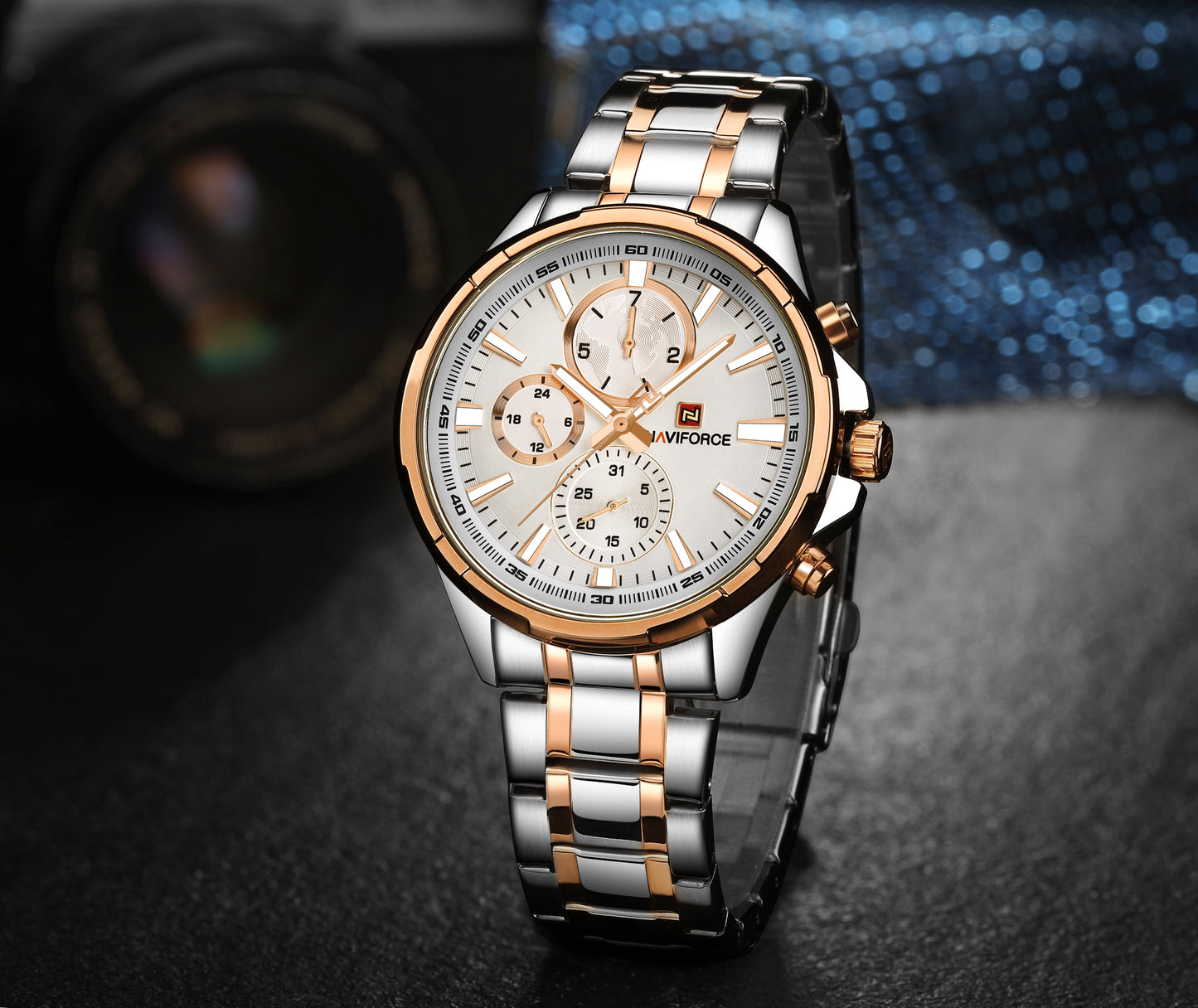 Naviforce 9089s Tourbillion Business Men Watch - Silver RoseGold