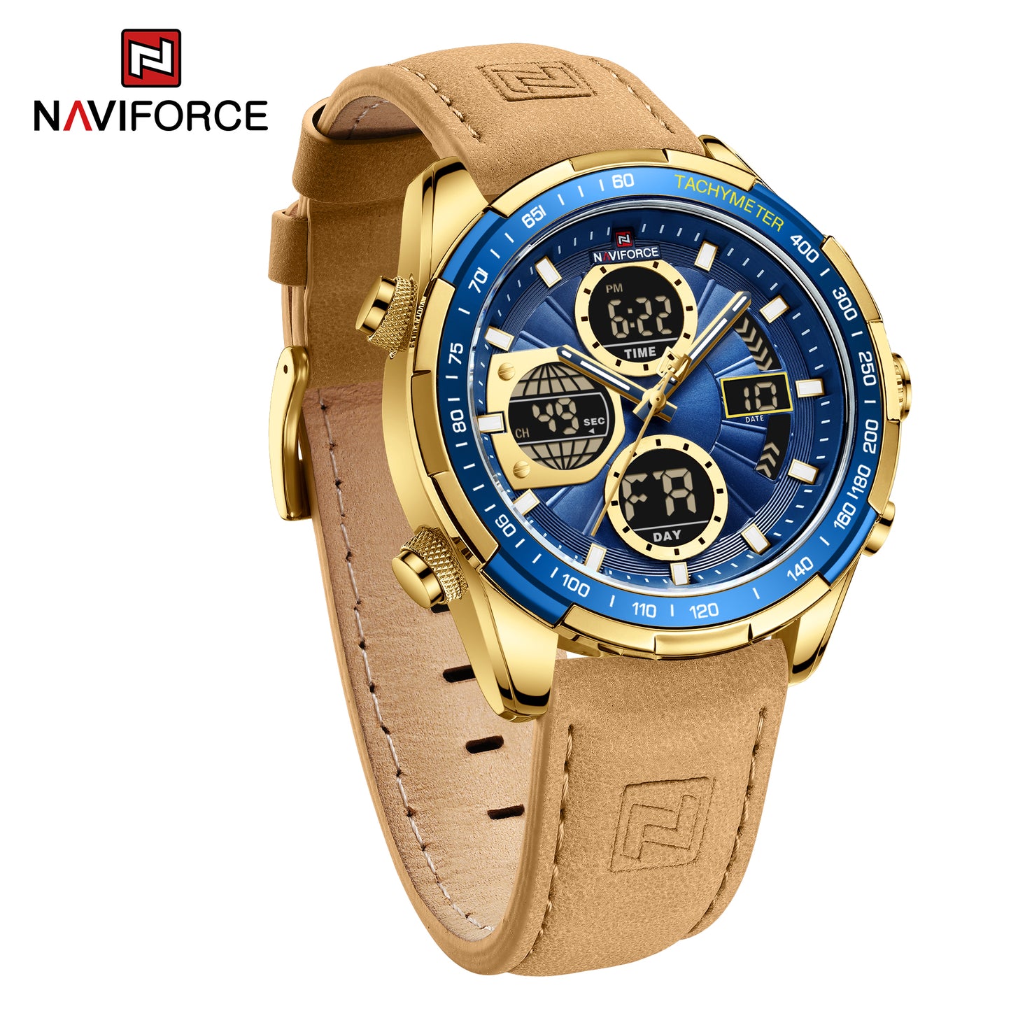 Naviforce 9197 Electron Men Leather Watch - Gold Blue