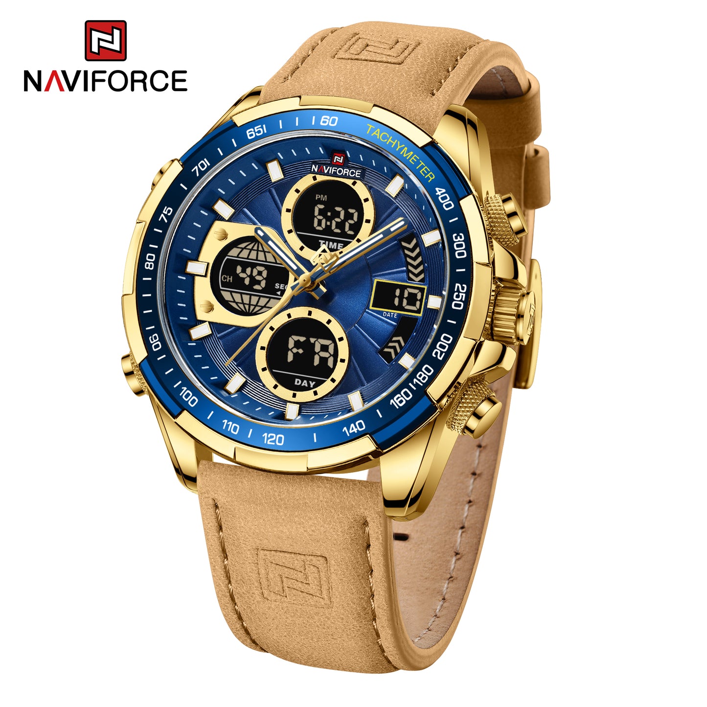 Naviforce 9197 Electron Men Leather Watch - Gold Blue